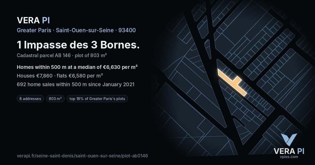 1 Impasse des 3 Bornes, Saint-Ouen-sur-Seine at night – the plot lit, the parcels around coloured by the prices near them