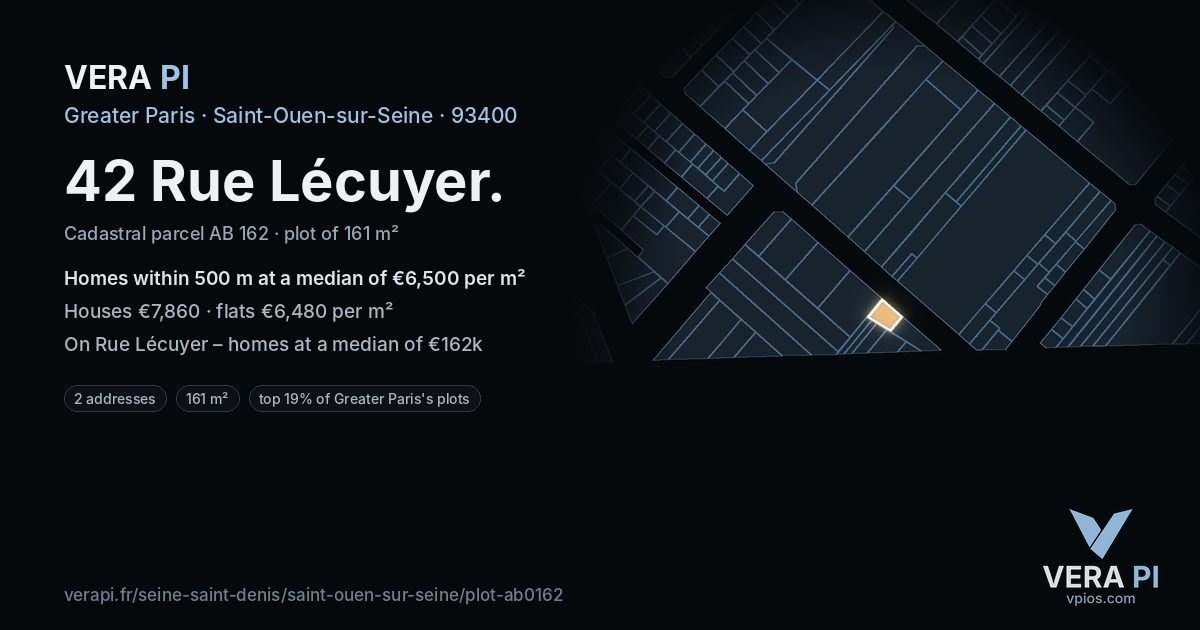 42 Rue Lécuyer, Saint-Ouen-sur-Seine at night – the plot lit, the parcels around coloured by the prices near them