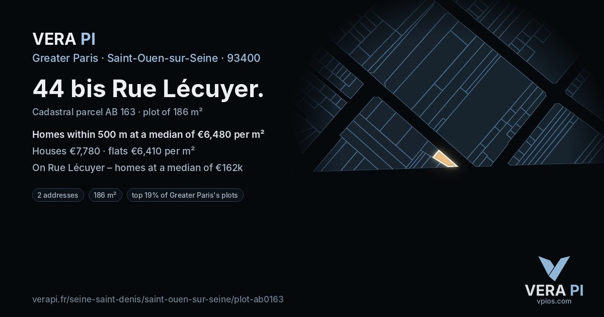 44 bis Rue Lécuyer, Saint-Ouen-sur-Seine at night – the plot lit, the parcels around coloured by the prices near them