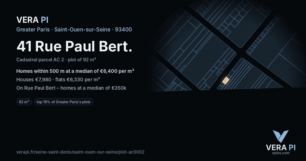 41 Rue Paul Bert, Saint-Ouen-sur-Seine at night – the plot lit, the parcels around coloured by the prices near them