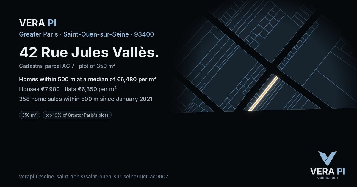 42 Rue Jules Vallès, Saint-Ouen-sur-Seine at night – the plot lit, the parcels around coloured by the prices near them