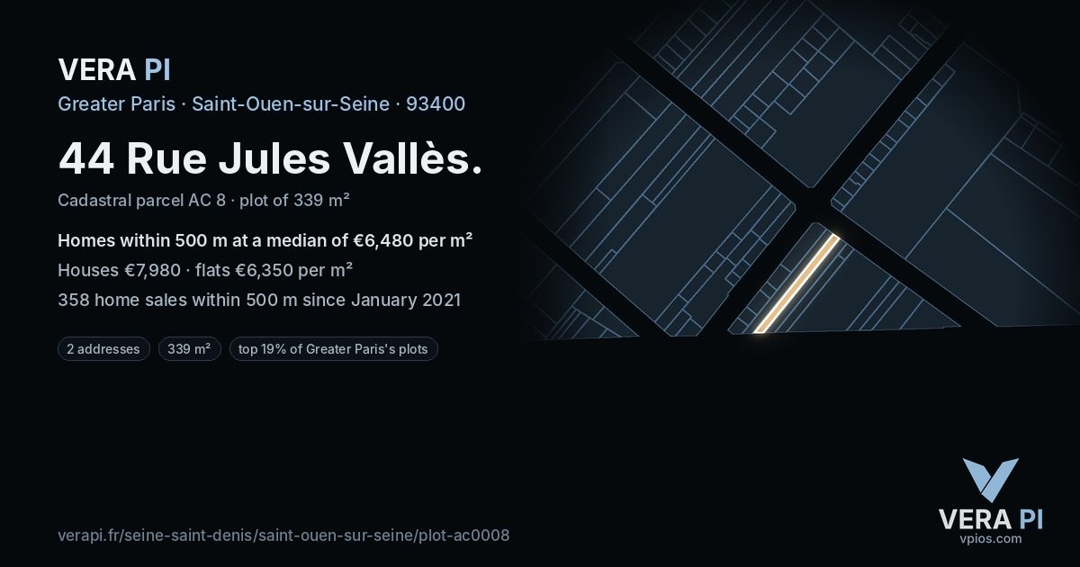 44 Rue Jules Vallès, Saint-Ouen-sur-Seine at night – the plot lit, the parcels around coloured by the prices near them