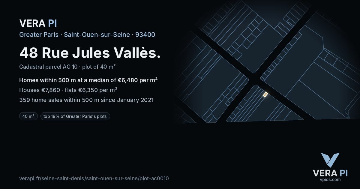 48 Rue Jules Vallès, Saint-Ouen-sur-Seine at night – the plot lit, the parcels around coloured by the prices near them
