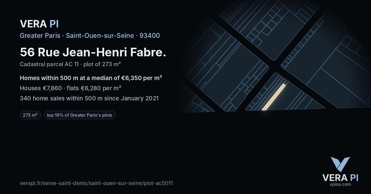 56 Rue Jean-Henri Fabre, Saint-Ouen-sur-Seine at night – the plot lit, the parcels around coloured by the prices near them