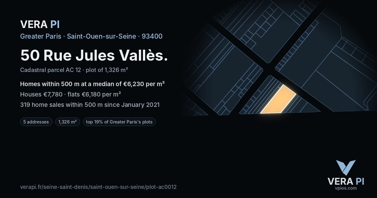 50 Rue Jules Vallès, Saint-Ouen-sur-Seine at night – the plot lit, the parcels around coloured by the prices near them