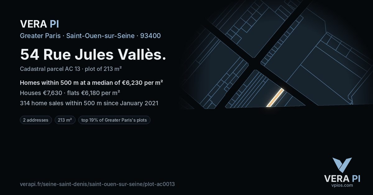 54 Rue Jules Vallès, Saint-Ouen-sur-Seine at night – the plot lit, the parcels around coloured by the prices near them