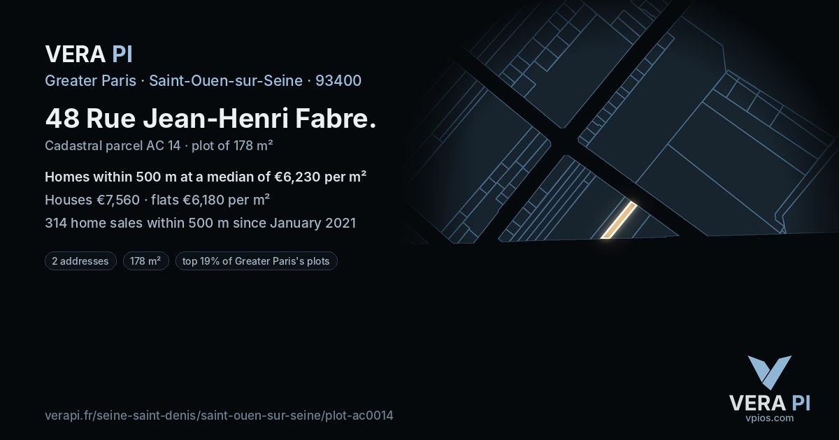 48 Rue Jean-Henri Fabre, Saint-Ouen-sur-Seine at night – the plot lit, the parcels around coloured by the prices near them