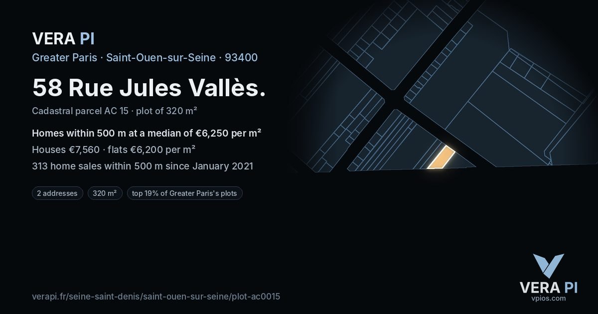 58 Rue Jules Vallès, Saint-Ouen-sur-Seine at night – the plot lit, the parcels around coloured by the prices near them