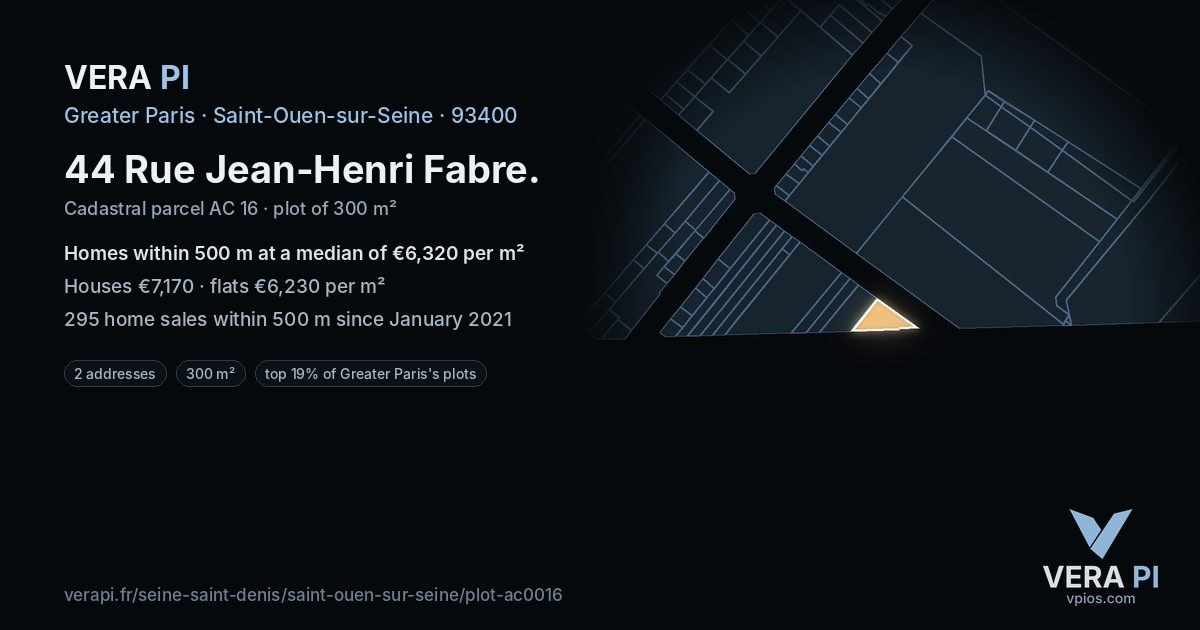 44 Rue Jean-Henri Fabre, Saint-Ouen-sur-Seine at night – the plot lit, the parcels around coloured by the prices near them