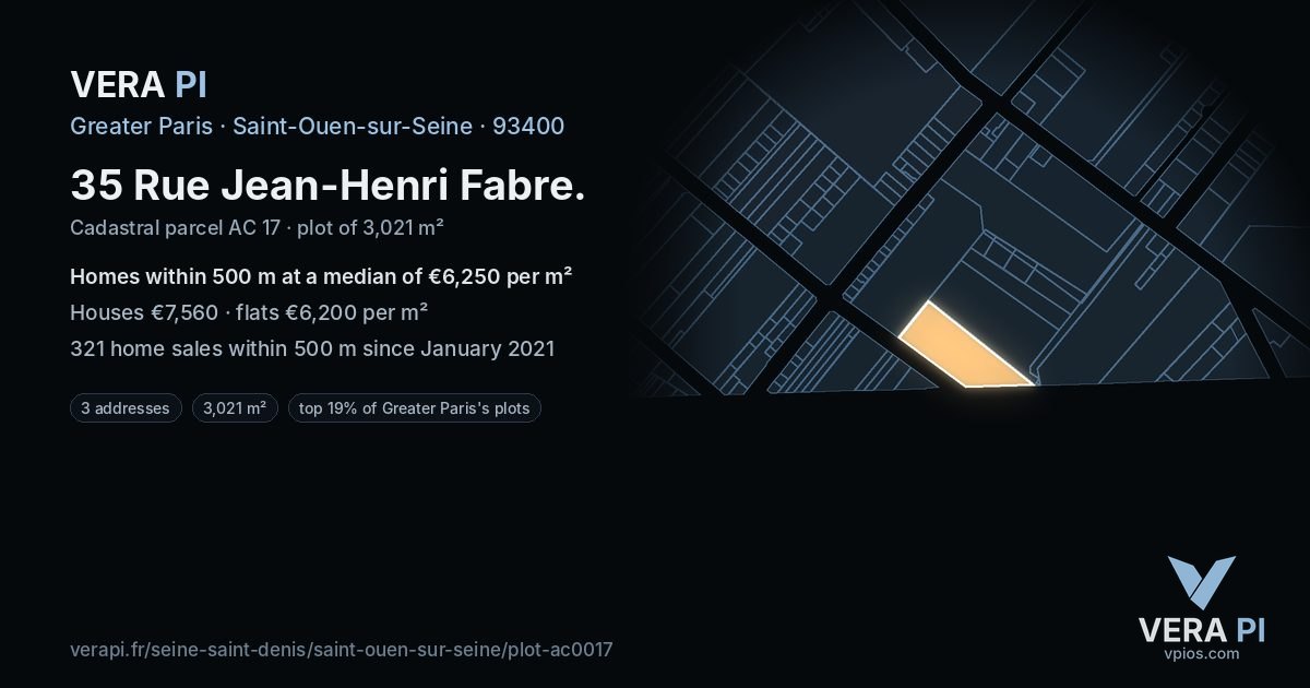 35 Rue Jean-Henri Fabre, Saint-Ouen-sur-Seine at night – the plot lit, the parcels around coloured by the prices near them