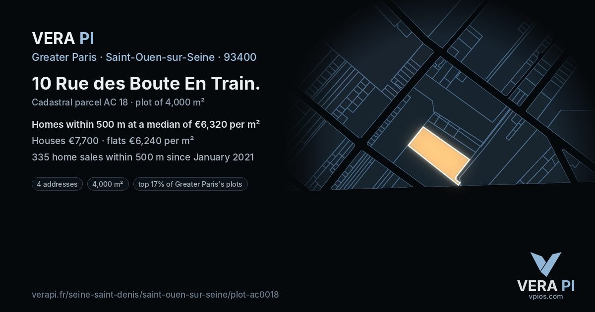10 Rue des Boute En Train, Saint-Ouen-sur-Seine at night – the plot lit, the parcels around coloured by the prices near them