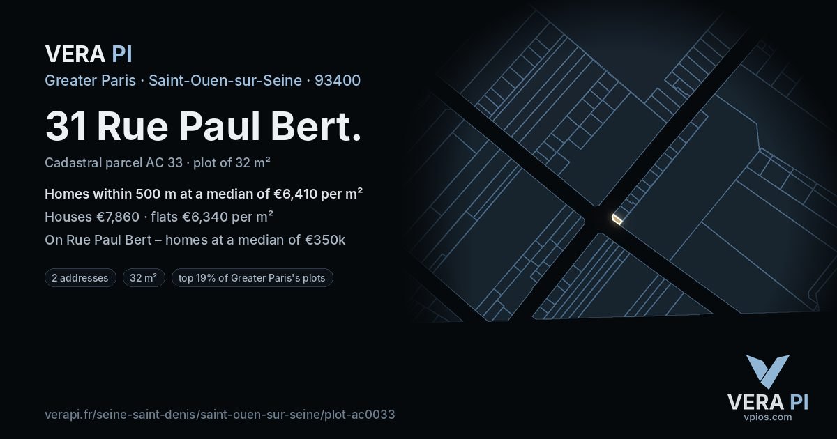 31 Rue Paul Bert, Saint-Ouen-sur-Seine at night – the plot lit, the parcels around coloured by the prices near them