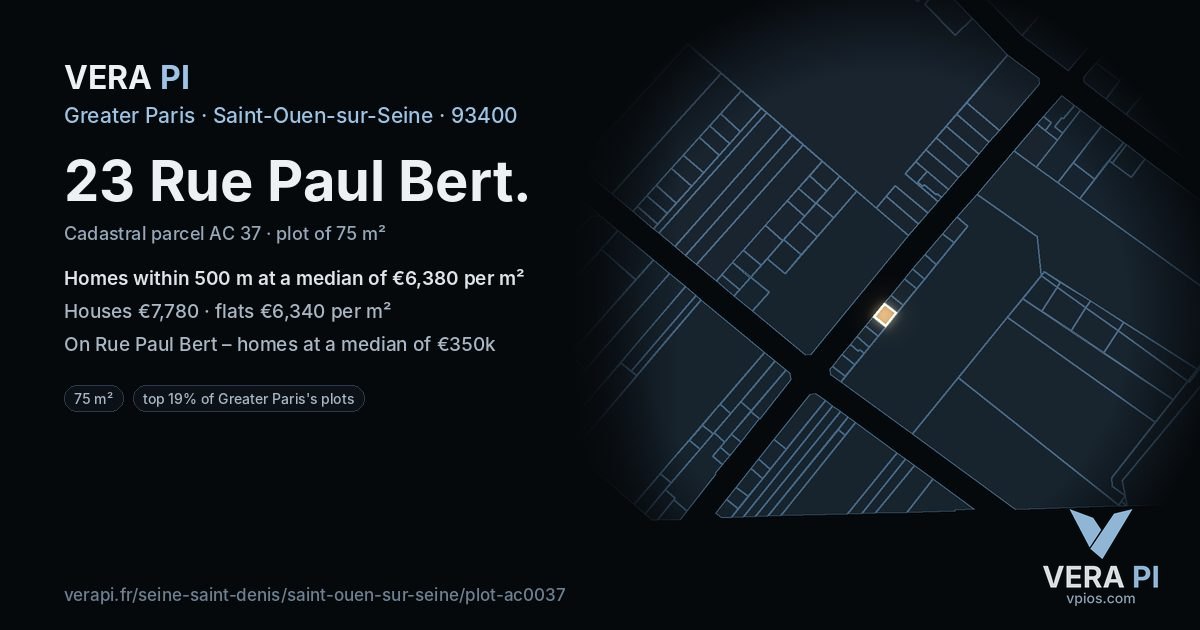23 Rue Paul Bert, Saint-Ouen-sur-Seine at night – the plot lit, the parcels around coloured by the prices near them