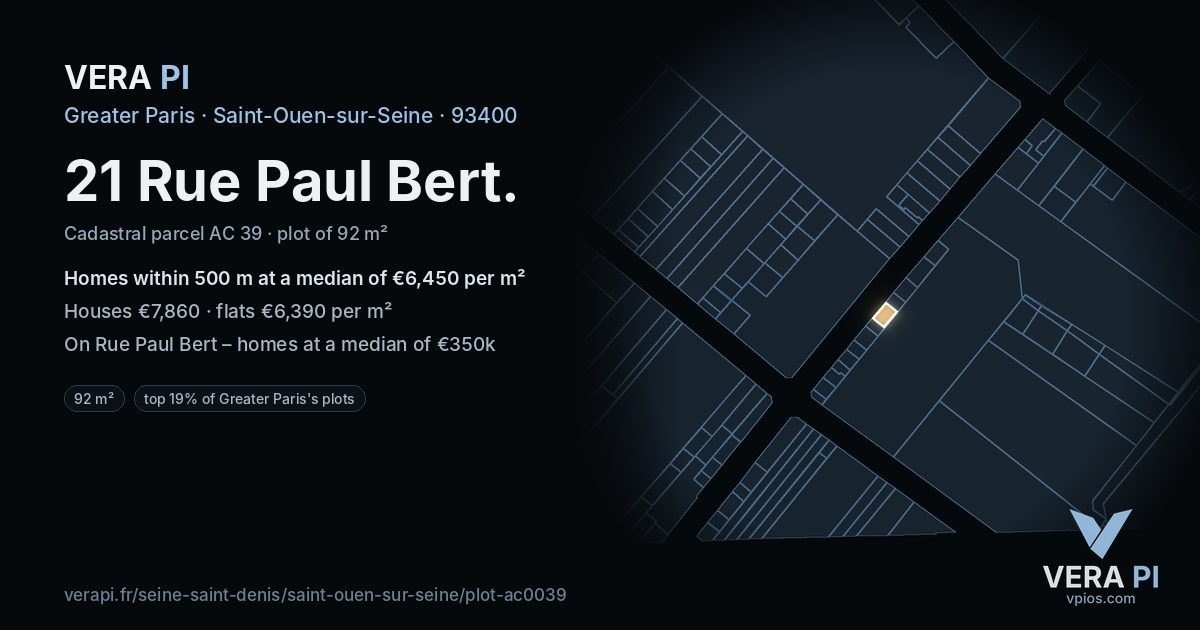 21 Rue Paul Bert, Saint-Ouen-sur-Seine at night – the plot lit, the parcels around coloured by the prices near them