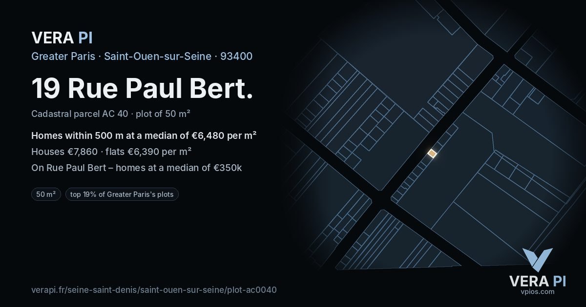 19 Rue Paul Bert, Saint-Ouen-sur-Seine at night – the plot lit, the parcels around coloured by the prices near them