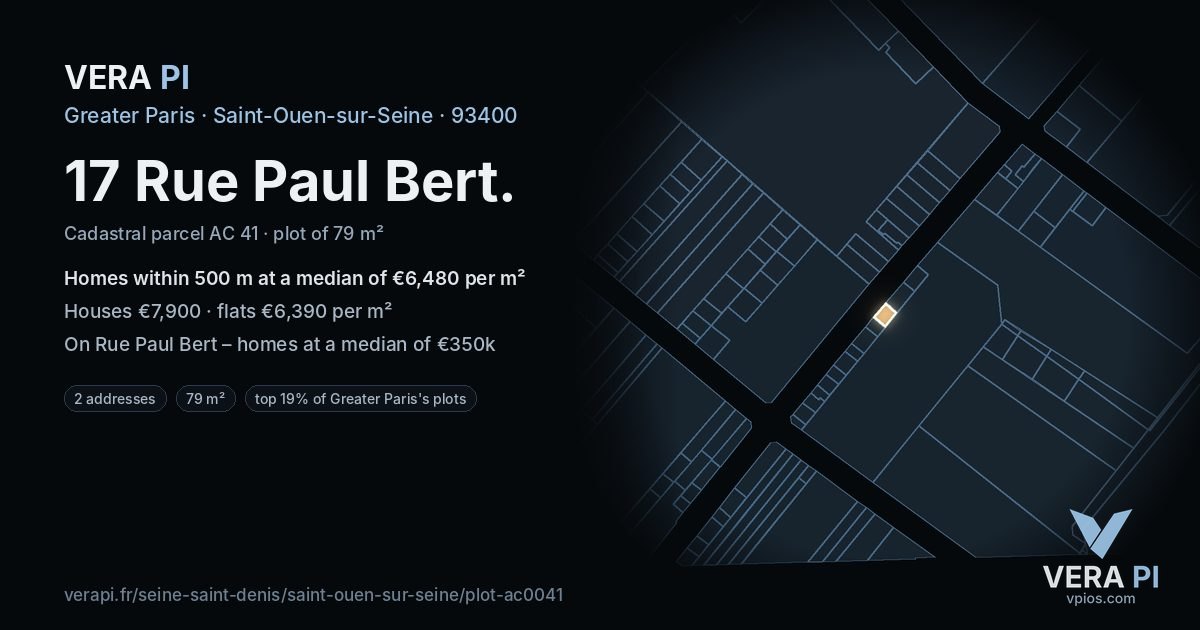 17 Rue Paul Bert, Saint-Ouen-sur-Seine at night – the plot lit, the parcels around coloured by the prices near them