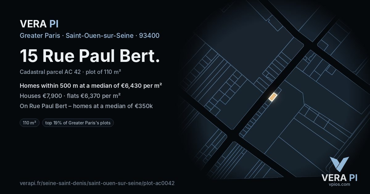 15 Rue Paul Bert, Saint-Ouen-sur-Seine at night – the plot lit, the parcels around coloured by the prices near them