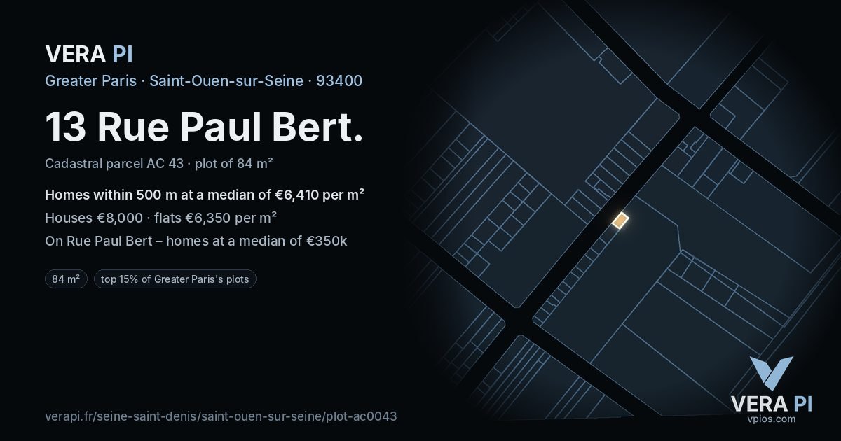 13 Rue Paul Bert, Saint-Ouen-sur-Seine at night – the plot lit, the parcels around coloured by the prices near them