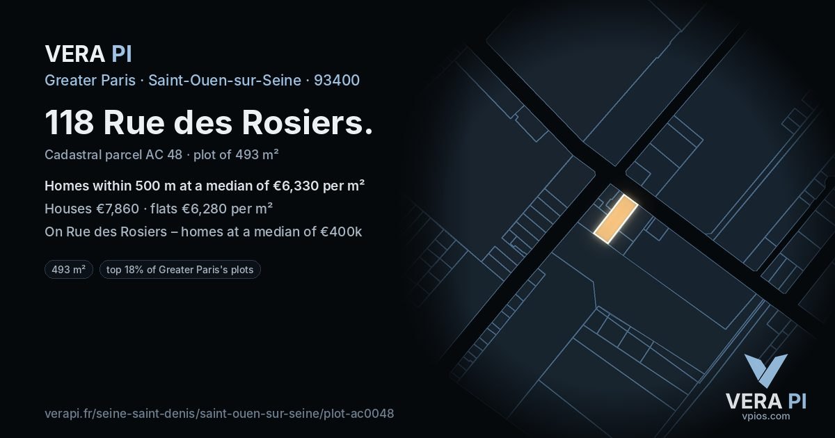 118 Rue des Rosiers, Saint-Ouen-sur-Seine at night – the plot lit, the parcels around coloured by the prices near them
