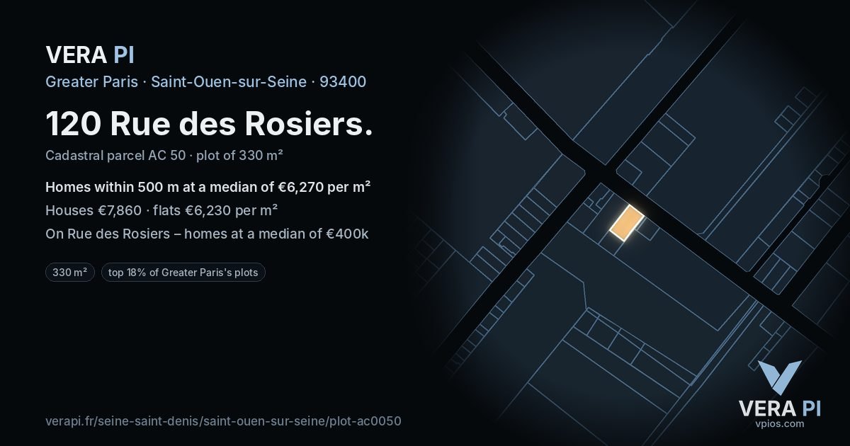 120 Rue des Rosiers, Saint-Ouen-sur-Seine at night – the plot lit, the parcels around coloured by the prices near them