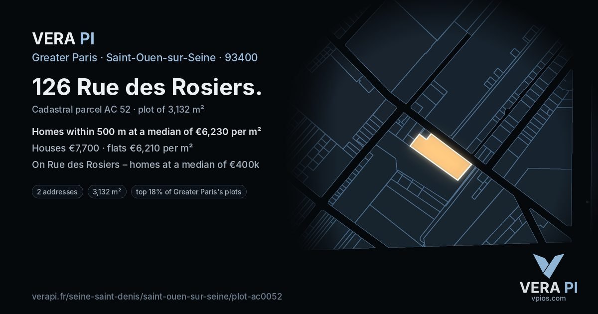 126 Rue des Rosiers, Saint-Ouen-sur-Seine at night – the plot lit, the parcels around coloured by the prices near them