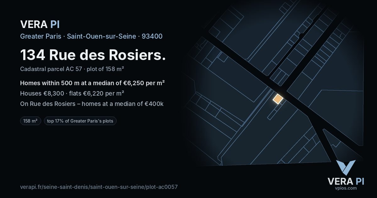 134 Rue des Rosiers, Saint-Ouen-sur-Seine at night – the plot lit, the parcels around coloured by the prices near them