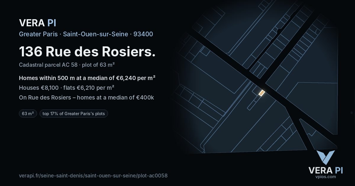 136 Rue des Rosiers, Saint-Ouen-sur-Seine at night – the plot lit, the parcels around coloured by the prices near them