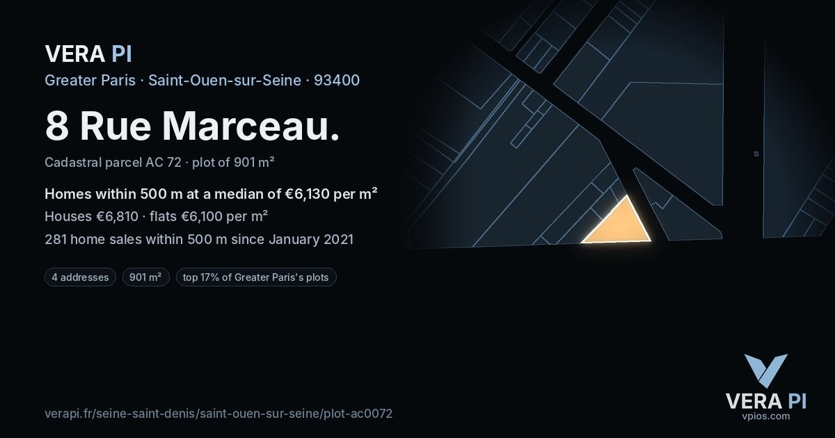 8 Rue Marceau, Saint-Ouen-sur-Seine at night – the plot lit, the parcels around coloured by the prices near them