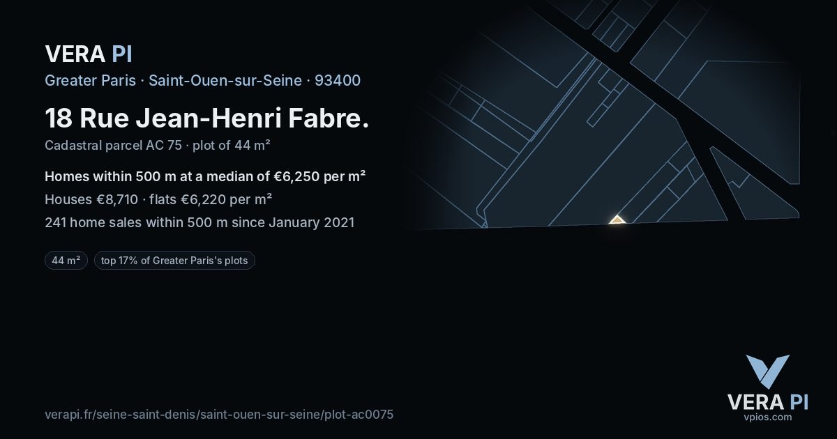 18 Rue Jean-Henri Fabre, Saint-Ouen-sur-Seine at night – the plot lit, the parcels around coloured by the prices near them
