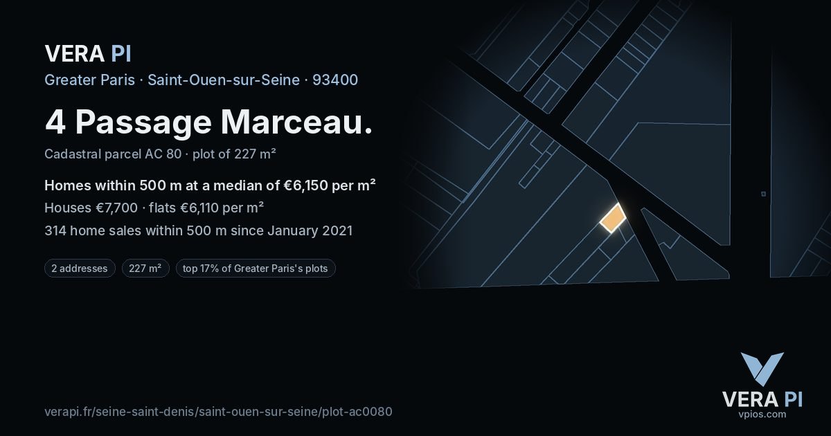 4 Passage Marceau, Saint-Ouen-sur-Seine at night – the plot lit, the parcels around coloured by the prices near them