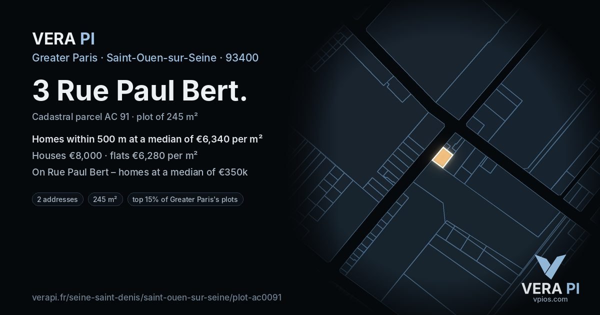 3 Rue Paul Bert, Saint-Ouen-sur-Seine at night – the plot lit, the parcels around coloured by the prices near them