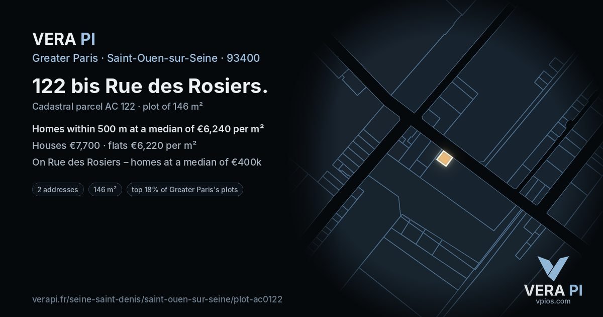 122 bis Rue des Rosiers, Saint-Ouen-sur-Seine at night – the plot lit, the parcels around coloured by the prices near them