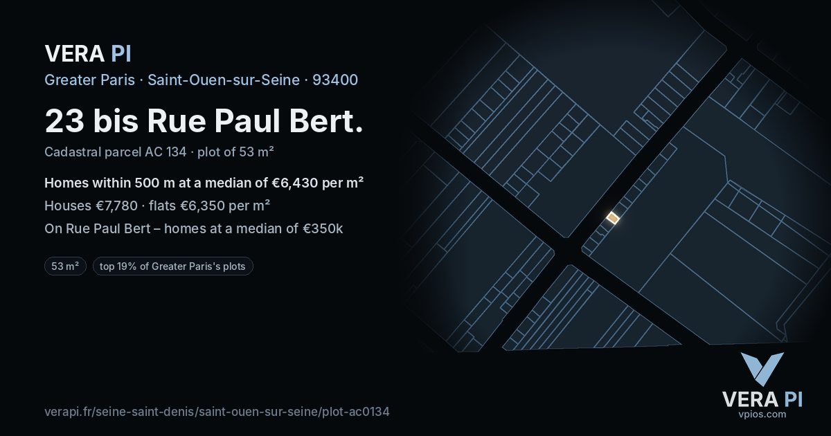 23 bis Rue Paul Bert, Saint-Ouen-sur-Seine at night – the plot lit, the parcels around coloured by the prices near them