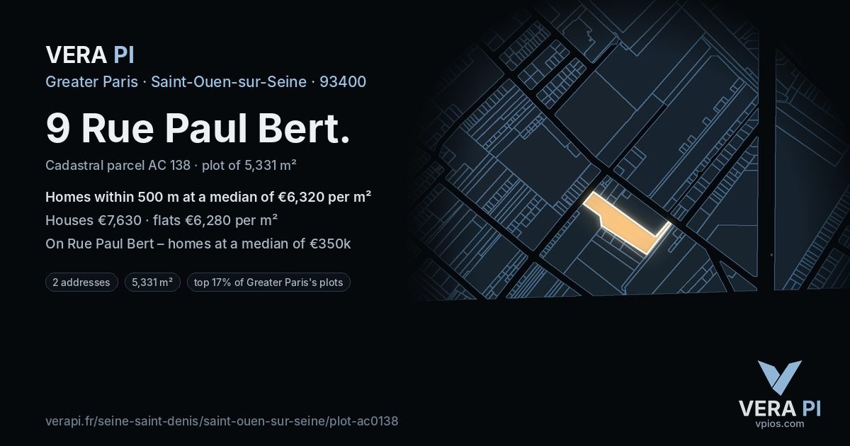 9 Rue Paul Bert, Saint-Ouen-sur-Seine at night – the plot lit, the parcels around coloured by the prices near them