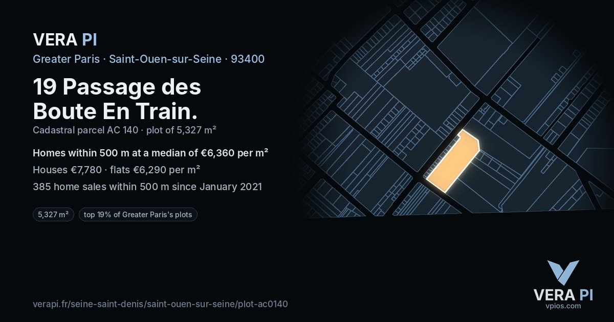 19 Passage des Boute En Train, Saint-Ouen-sur-Seine at night – the plot lit, the parcels around coloured by the prices near them