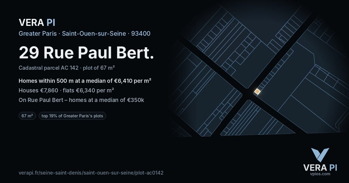 29 Rue Paul Bert, Saint-Ouen-sur-Seine at night – the plot lit, the parcels around coloured by the prices near them