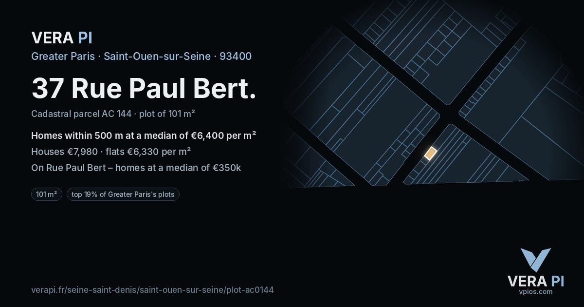 37 Rue Paul Bert, Saint-Ouen-sur-Seine at night – the plot lit, the parcels around coloured by the prices near them