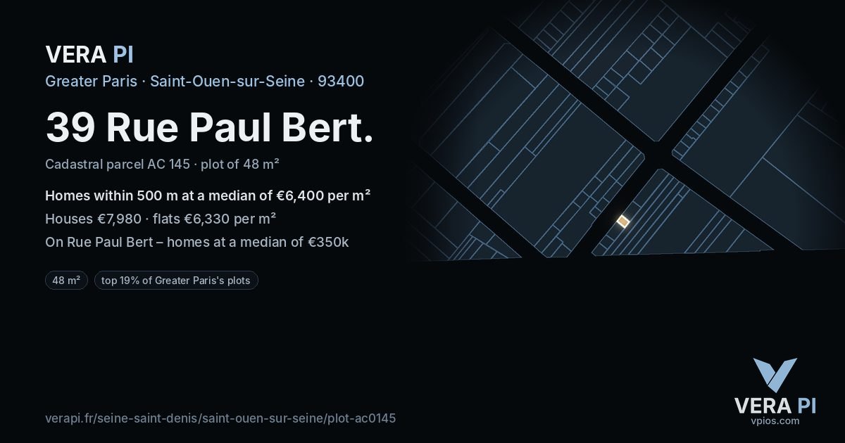 39 Rue Paul Bert, Saint-Ouen-sur-Seine at night – the plot lit, the parcels around coloured by the prices near them