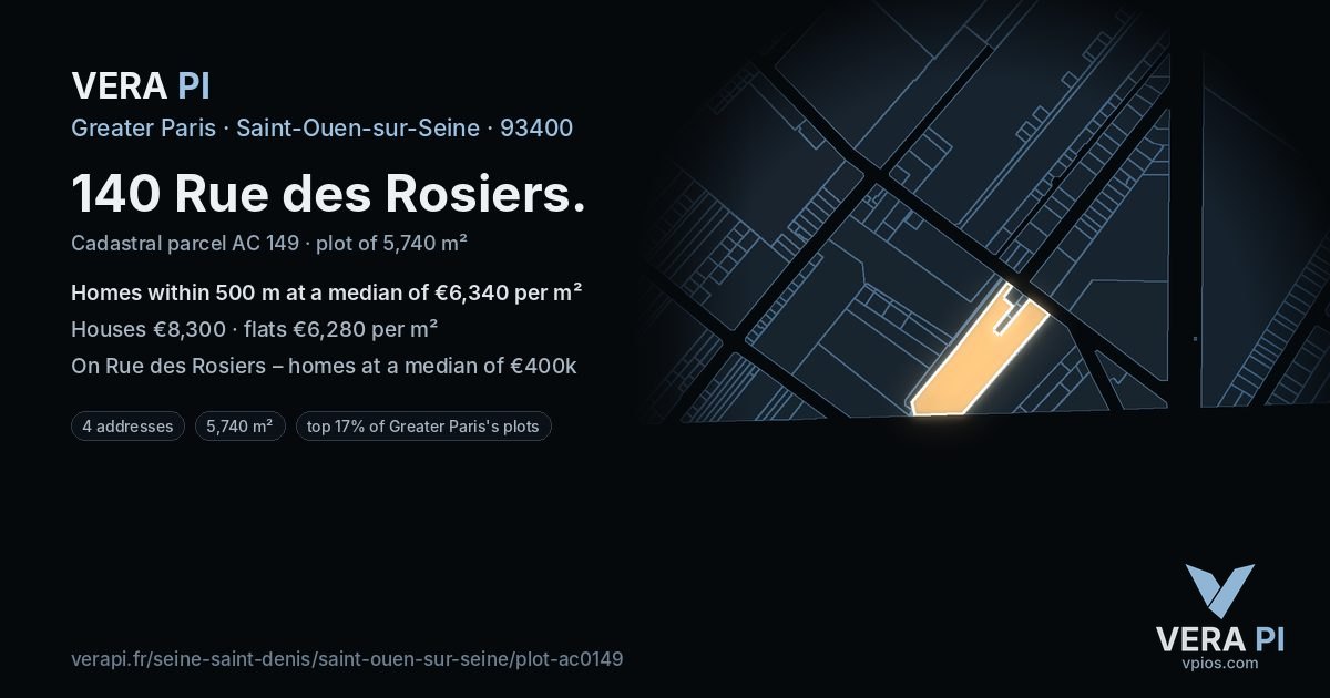 140 Rue des Rosiers, Saint-Ouen-sur-Seine at night – the plot lit, the parcels around coloured by the prices near them