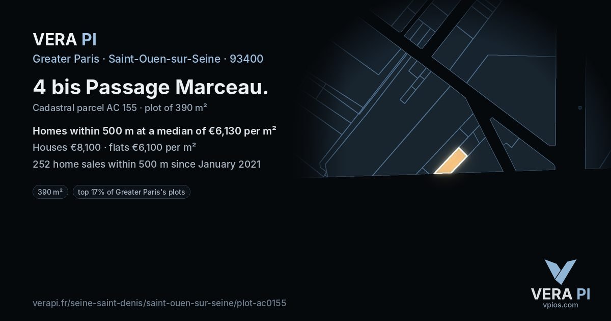 4 bis Passage Marceau, Saint-Ouen-sur-Seine at night – the plot lit, the parcels around coloured by the prices near them