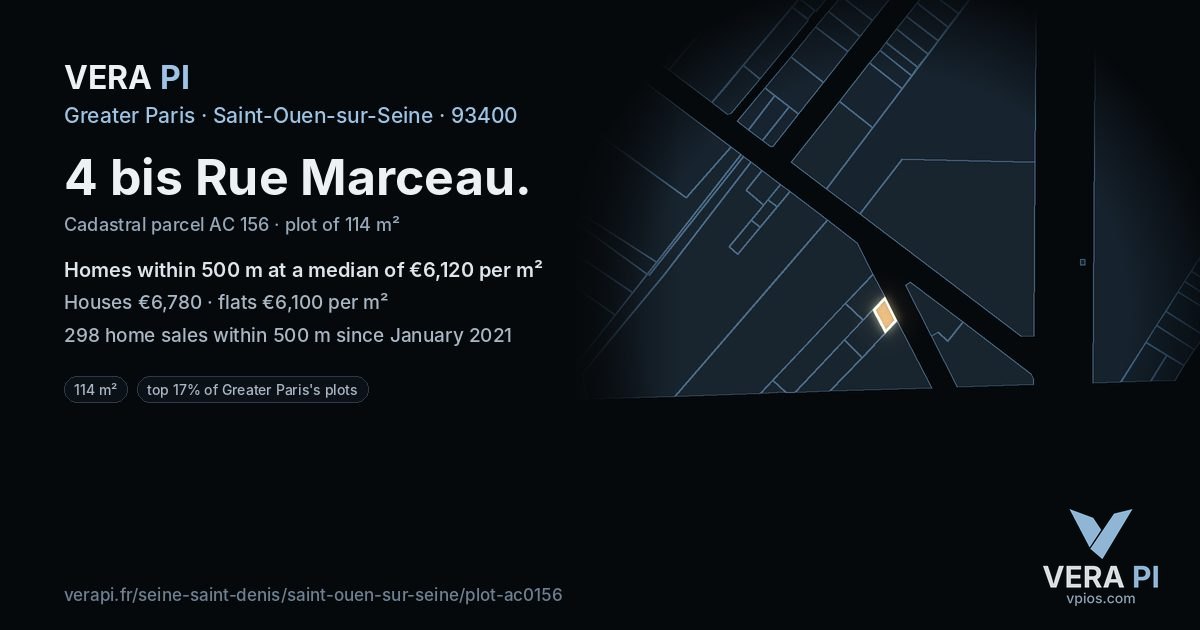 4 bis Rue Marceau, Saint-Ouen-sur-Seine at night – the plot lit, the parcels around coloured by the prices near them