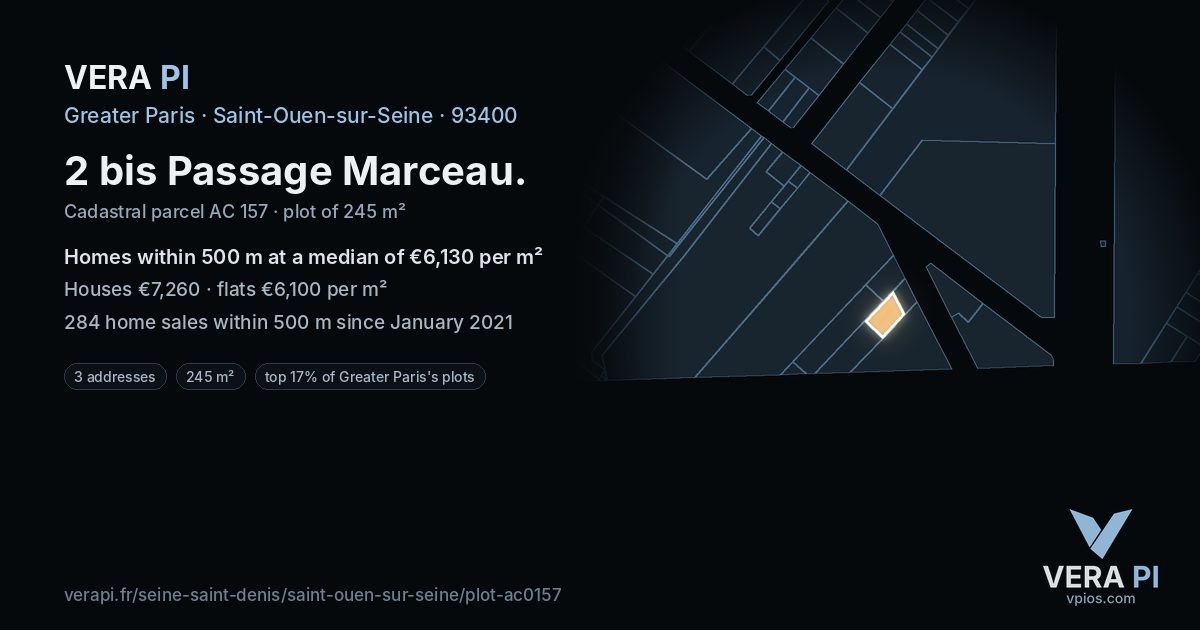 2 bis Passage Marceau, Saint-Ouen-sur-Seine at night – the plot lit, the parcels around coloured by the prices near them