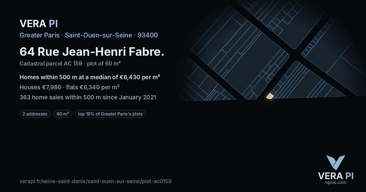 64 Rue Jean-Henri Fabre, Saint-Ouen-sur-Seine at night – the plot lit, the parcels around coloured by the prices near them