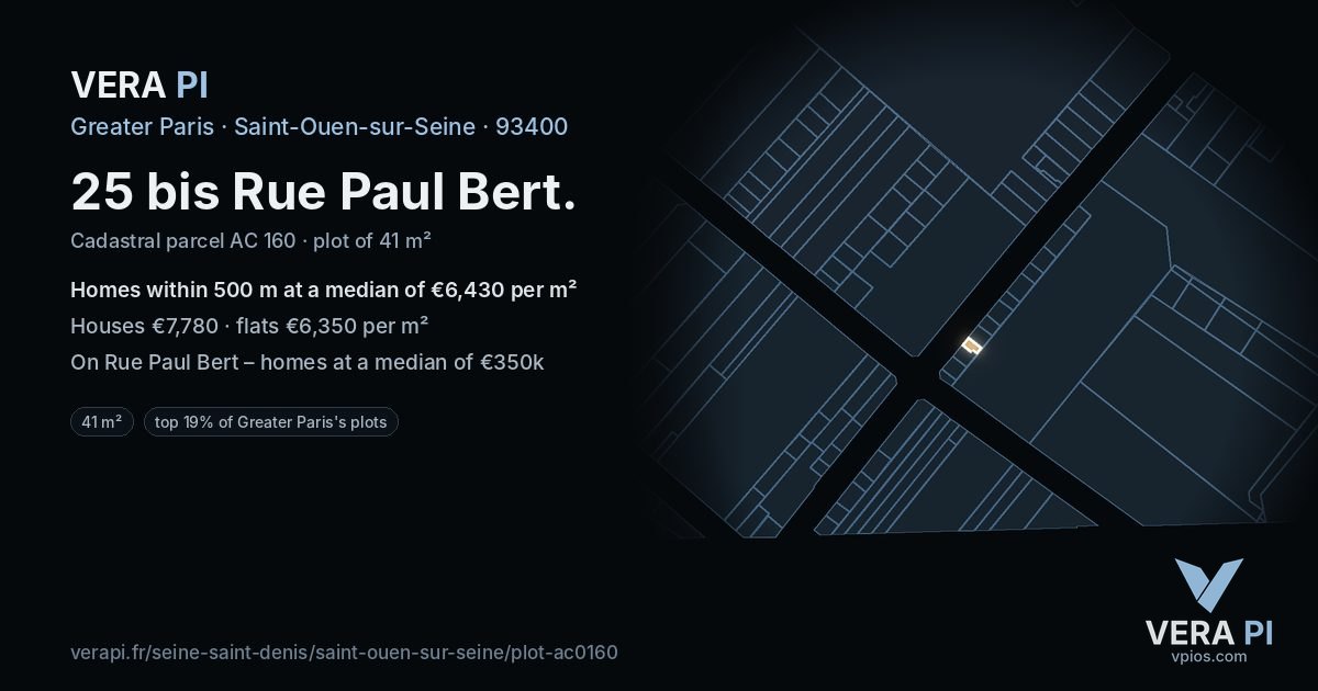 25 bis Rue Paul Bert, Saint-Ouen-sur-Seine at night – the plot lit, the parcels around coloured by the prices near them