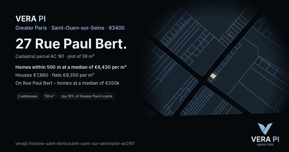 27 Rue Paul Bert, Saint-Ouen-sur-Seine at night – the plot lit, the parcels around coloured by the prices near them