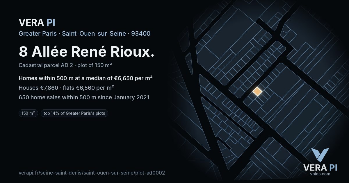 8 Allée René Rioux, Saint-Ouen-sur-Seine at night – the plot lit, the parcels around coloured by the prices near them