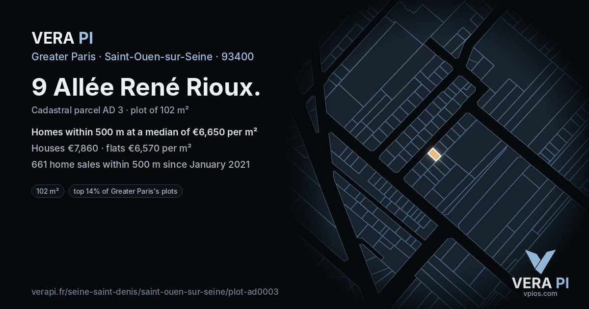 9 Allée René Rioux, Saint-Ouen-sur-Seine at night – the plot lit, the parcels around coloured by the prices near them