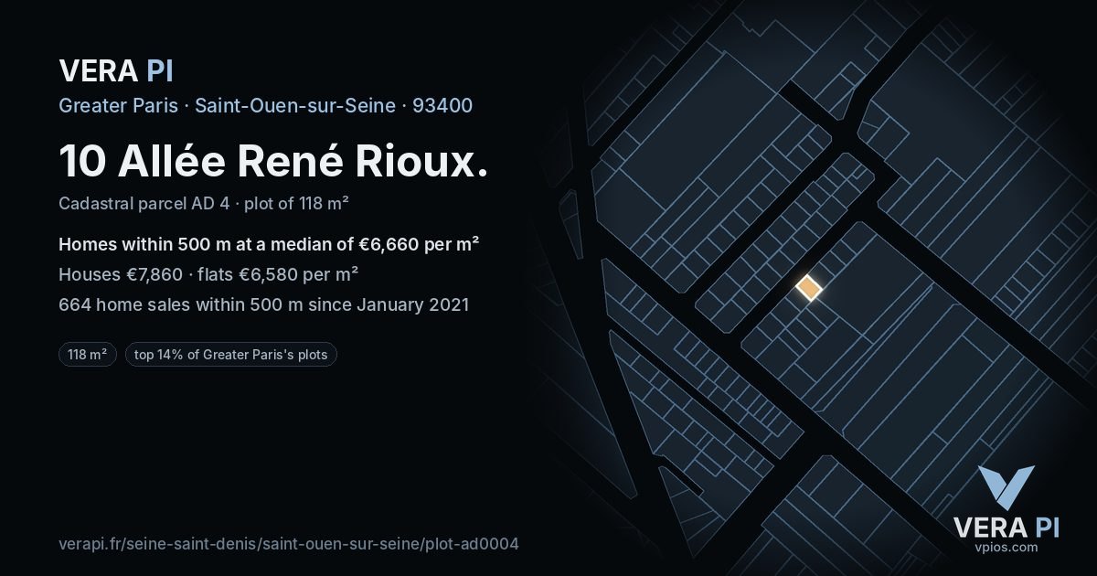 10 Allée René Rioux, Saint-Ouen-sur-Seine at night – the plot lit, the parcels around coloured by the prices near them