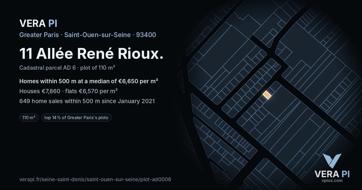 11 Allée René Rioux, Saint-Ouen-sur-Seine at night – the plot lit, the parcels around coloured by the prices near them