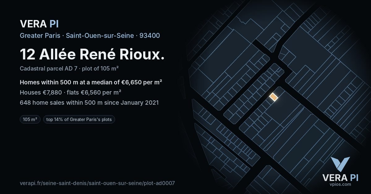 12 Allée René Rioux, Saint-Ouen-sur-Seine at night – the plot lit, the parcels around coloured by the prices near them